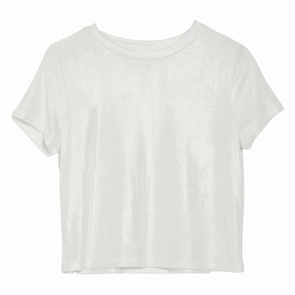 Renee C Metallic Ivory Crewneck Cropped T-Shirt - Medium